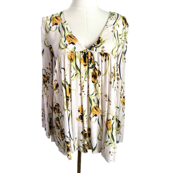 Free People XS Bella Porcelain Tunic Top White & Yellow Floral Boho Baby Doll - Picture 2 of 10